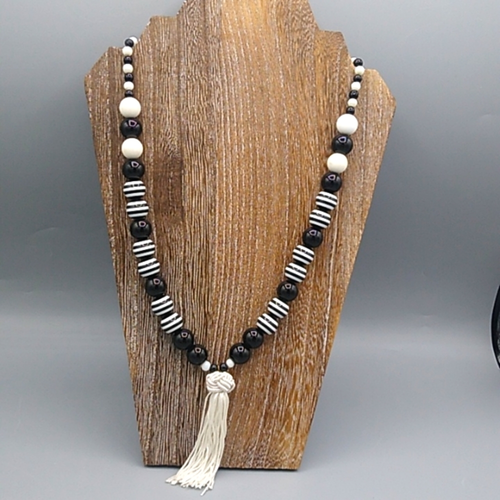 Black White Beaded Tassel Statement Necklace